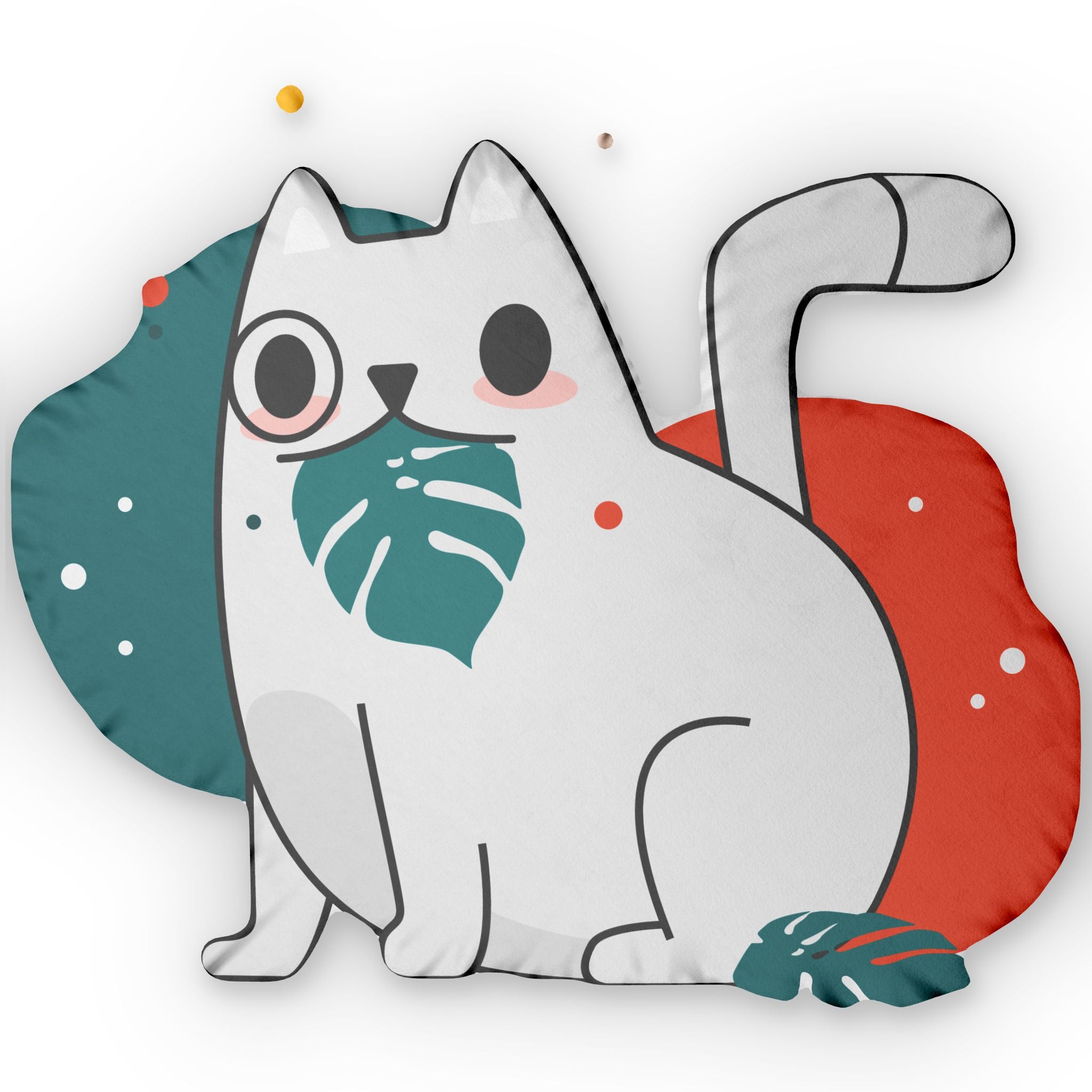 Cute Cat-Shaped Throw Pillow — Tropical Leaf Kawaii Accent Pillow