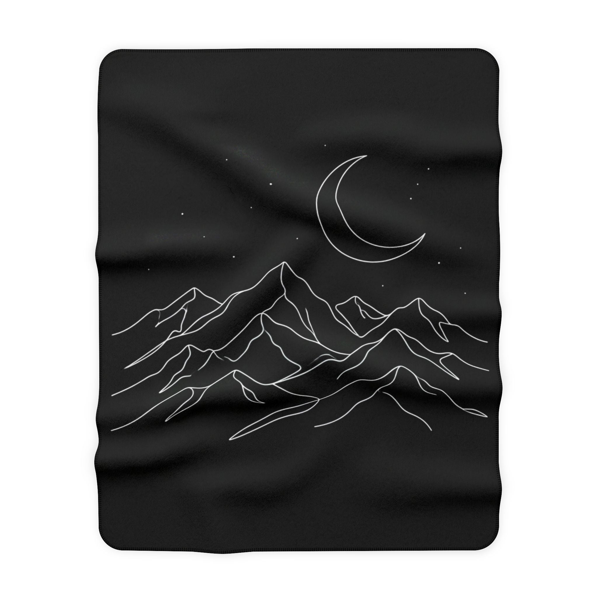Mountain Moon Sherpa Blanket — Cozy Black Fleece with Crescent Moon & Line-Art Peaks