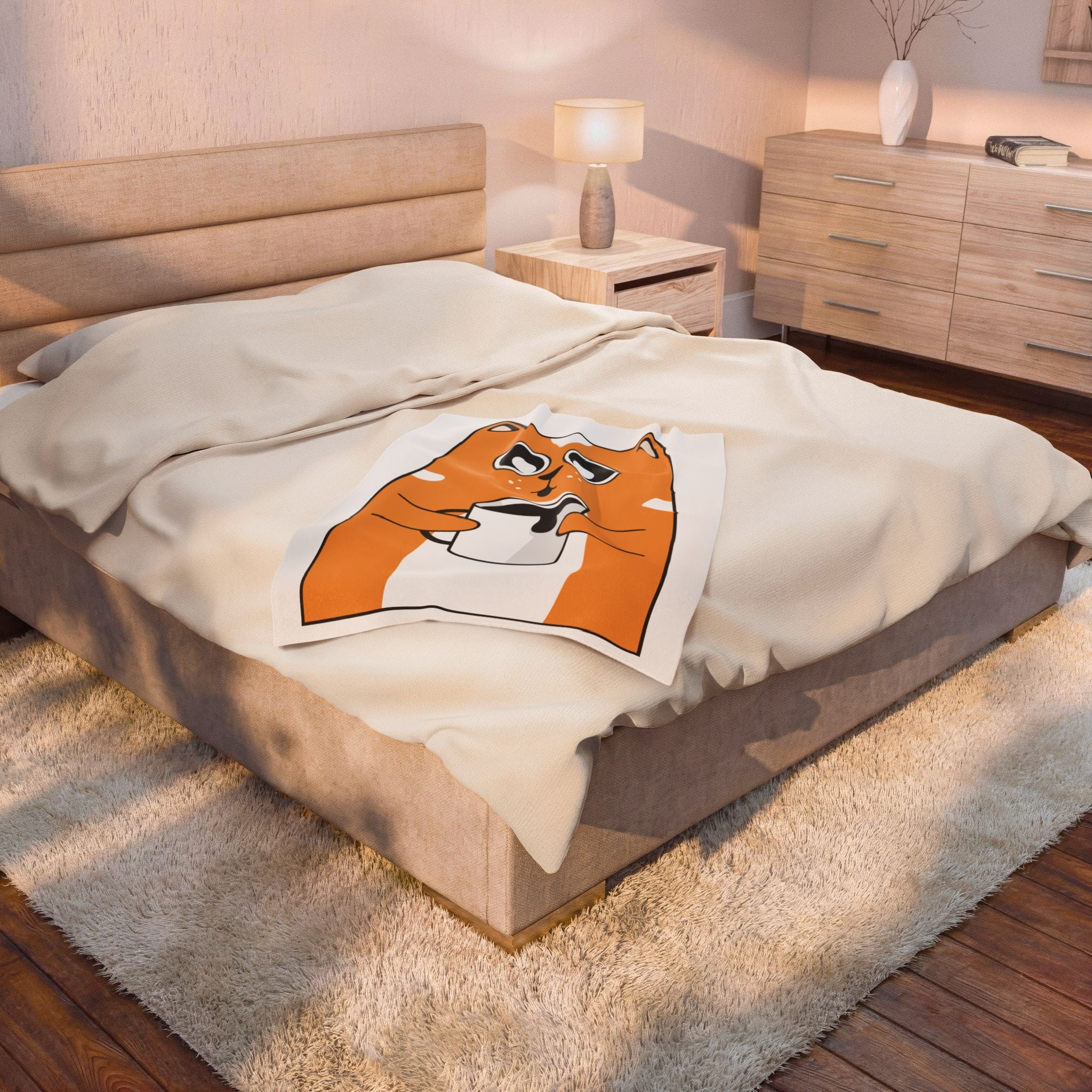 Cute Orange Cat Holding Coffee Velveteen Plush Blanket — Cozy Cartoon Cat Throw