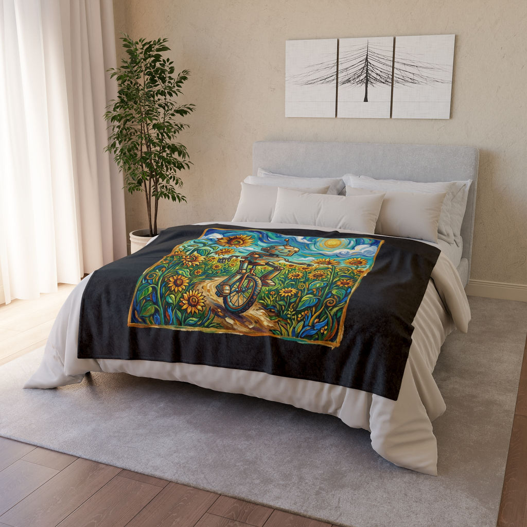 Robot Riding Unicycle Through Sunflowers - Soft Polyester Blanket