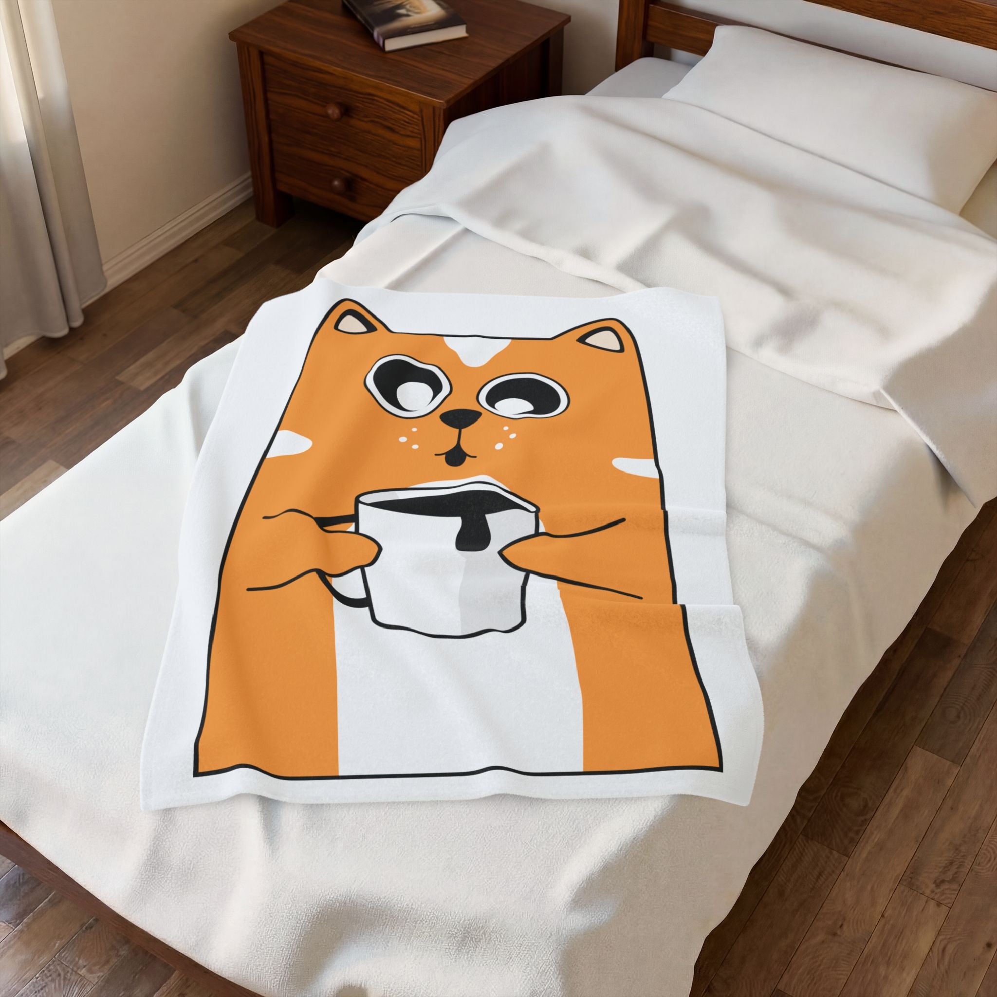 Cute Orange Cat Holding Coffee Velveteen Plush Blanket — Cozy Cartoon Cat Throw