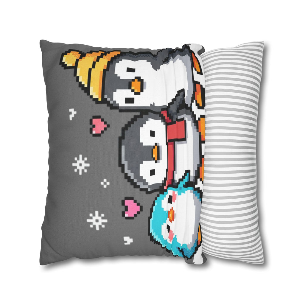 Cute Pixel Penguins Throw Pillow — Winter Holiday Penguin Family Decor