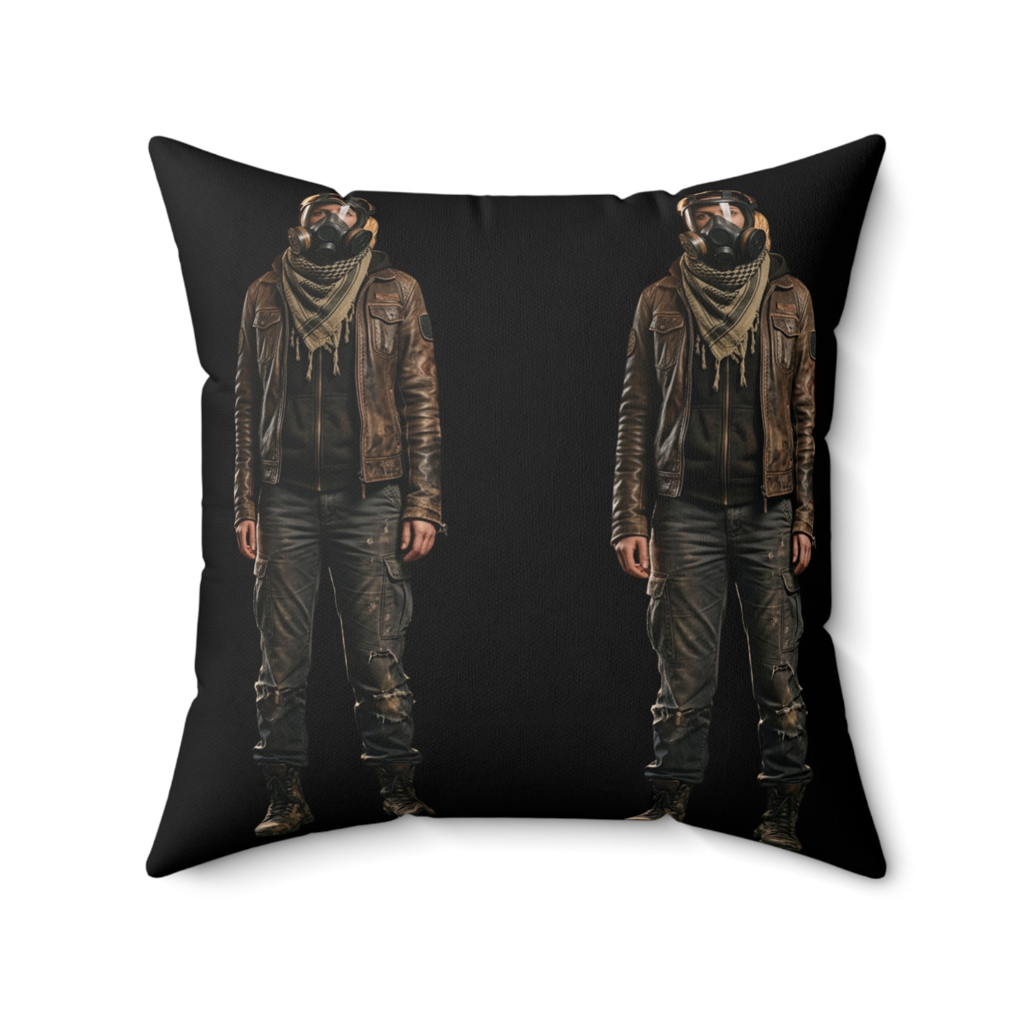 Moto Rider Graphic Pillow — Biker Man Duo on Black Spun Polyester Cushion
