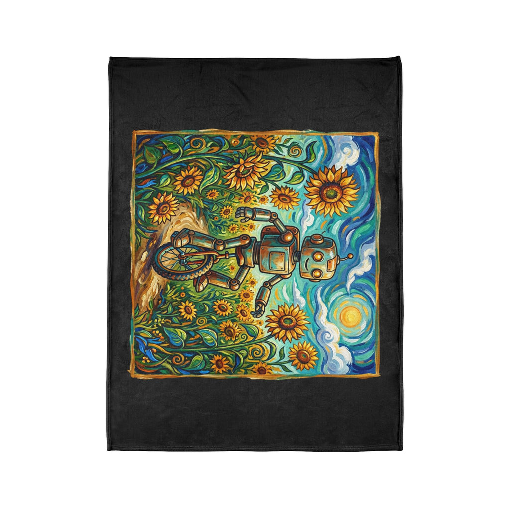 Robot Riding Unicycle Through Sunflowers - Soft Polyester Blanket