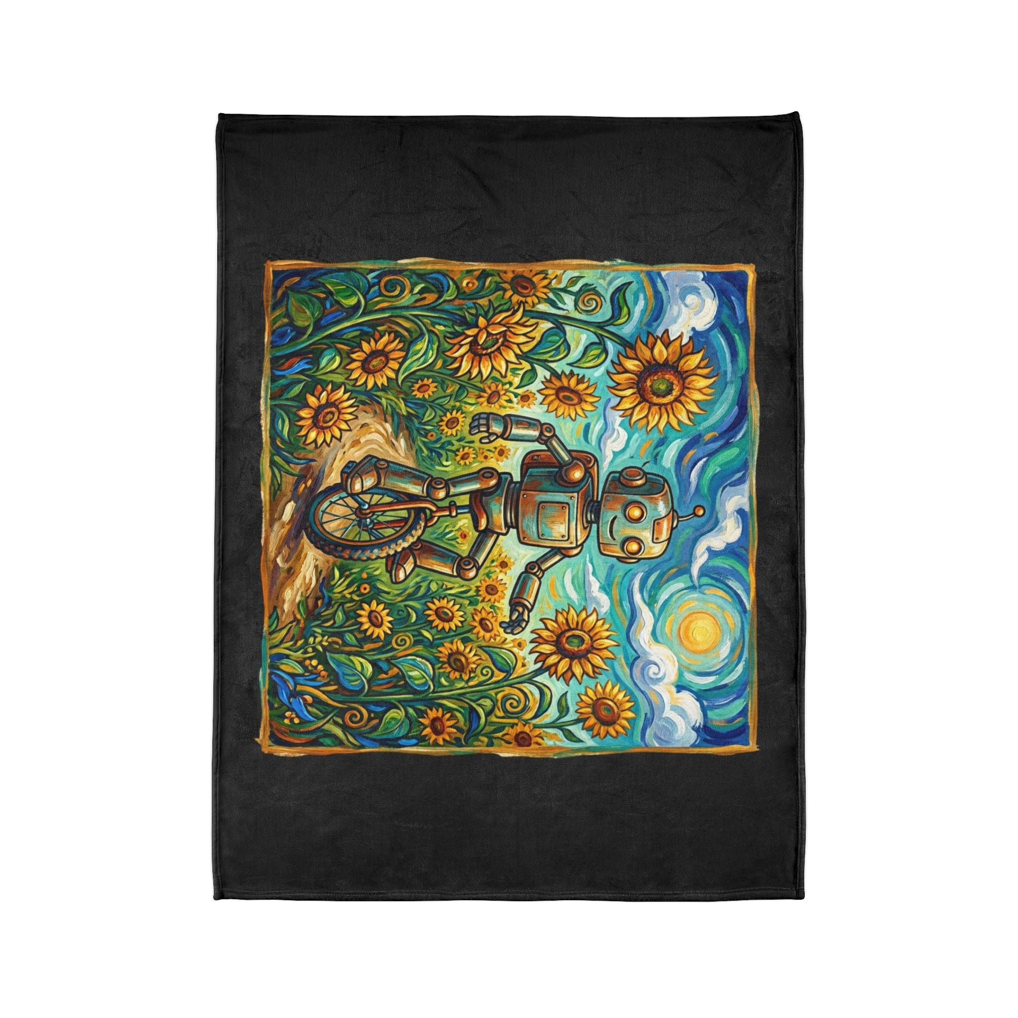 Robot Riding Unicycle Through Sunflowers - Soft Polyester Blanket