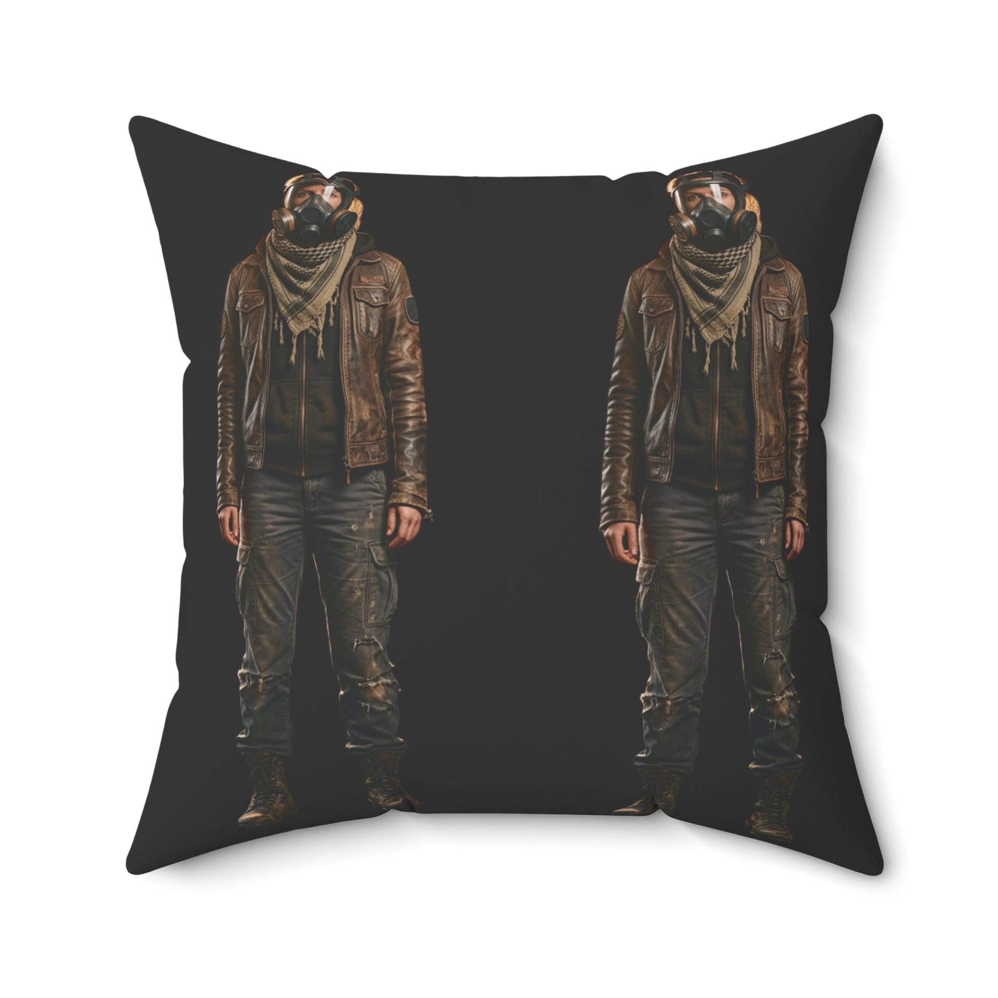 Moto Rider Graphic Pillow — Biker Man Duo on Black Spun Polyester Cushion
