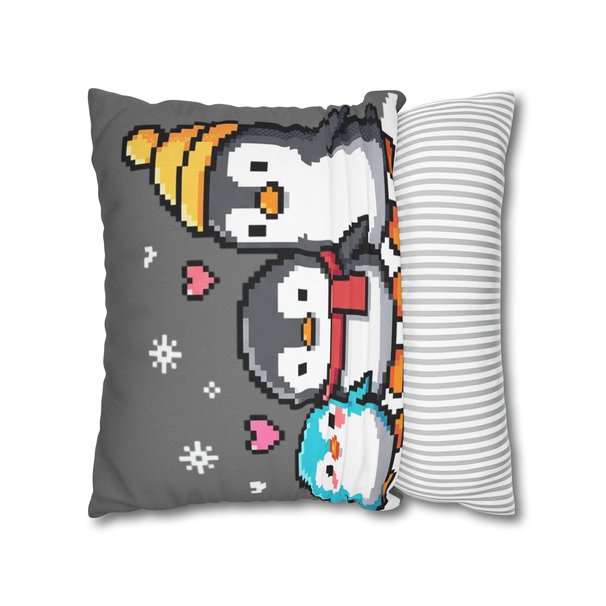 Cute Pixel Penguins Throw Pillow — Winter Holiday Penguin Family Decor