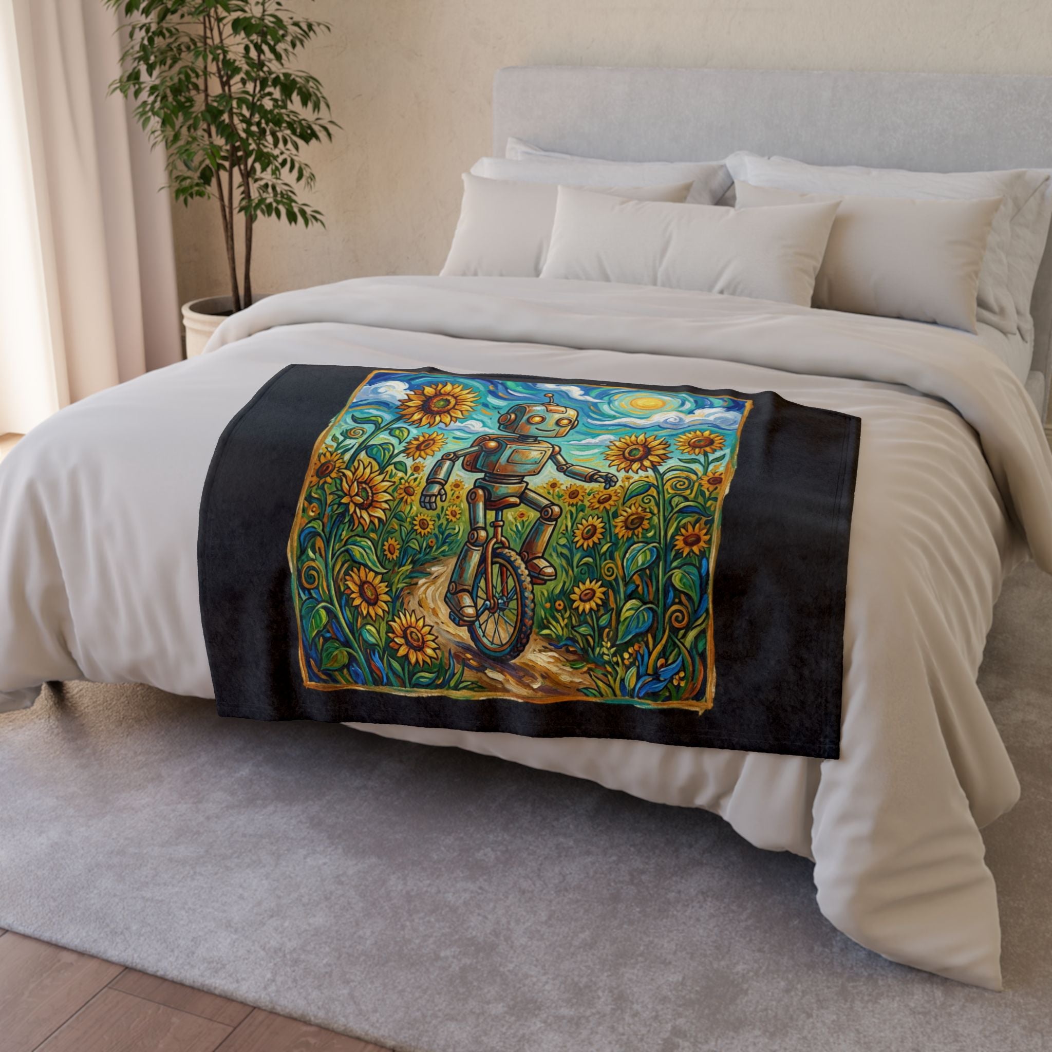 Robot Riding Unicycle Through Sunflowers - Soft Polyester Blanket