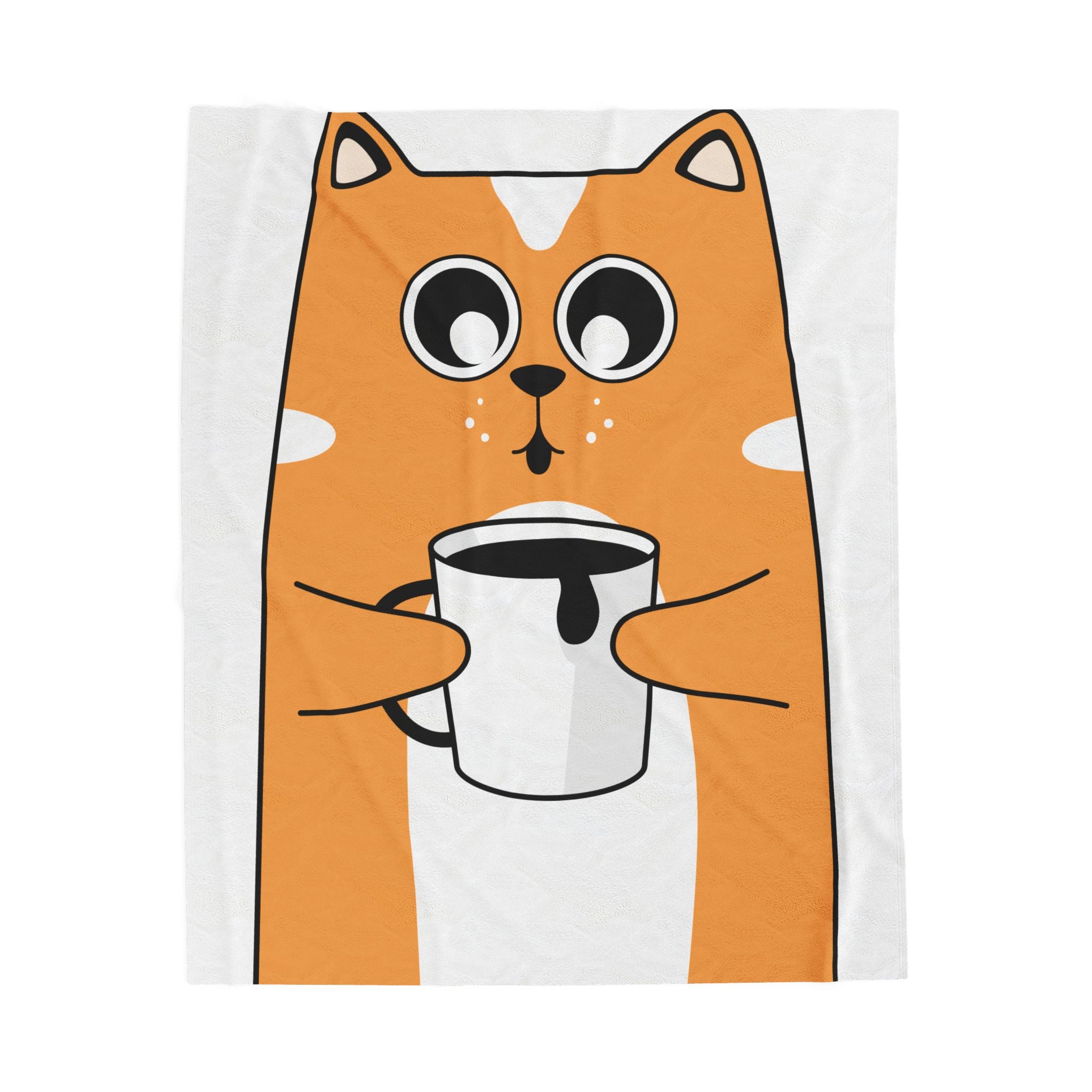 Cute Orange Cat Holding Coffee Velveteen Plush Blanket — Cozy Cartoon Cat Throw
