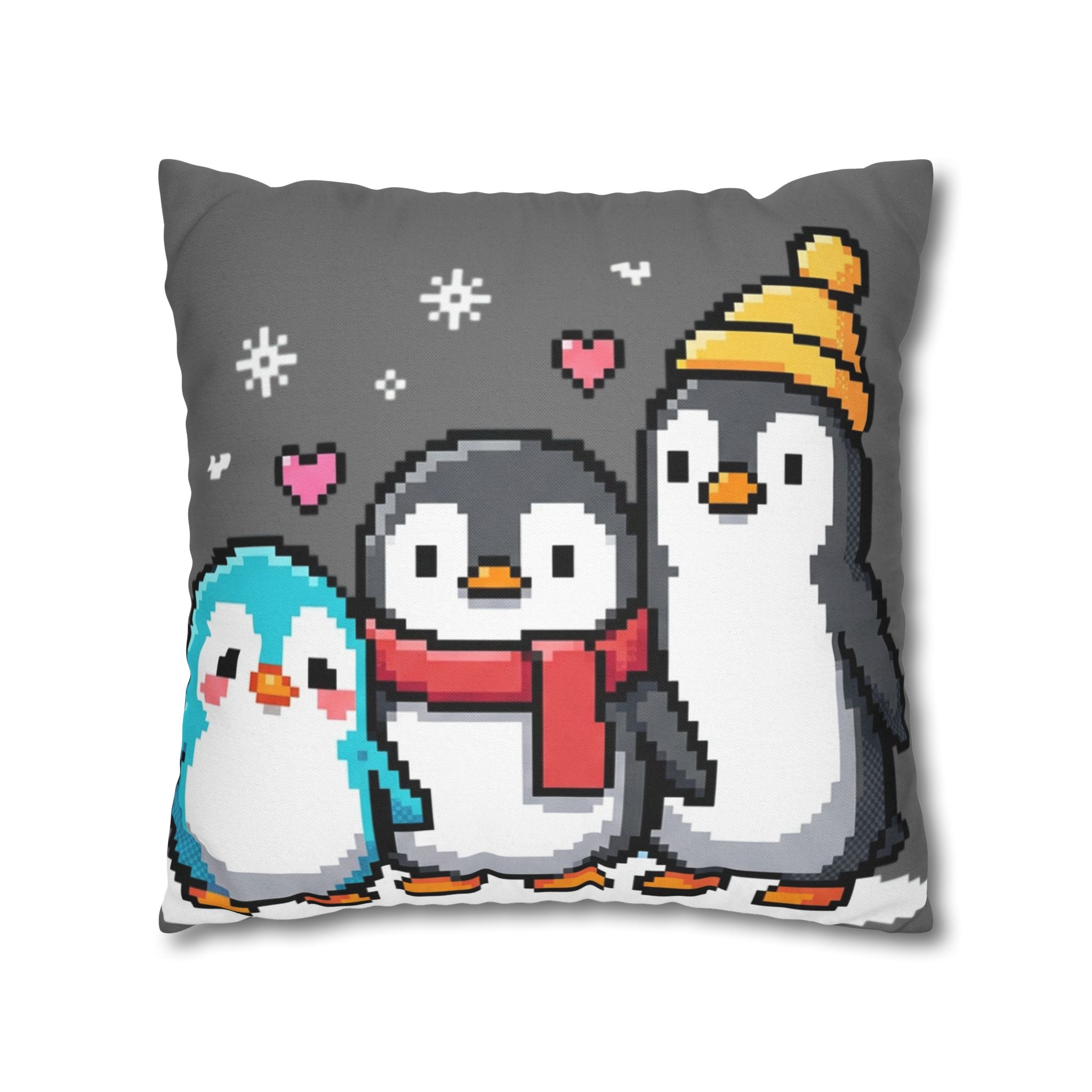Cute Pixel Penguins Throw Pillow — Winter Holiday Penguin Family Decor