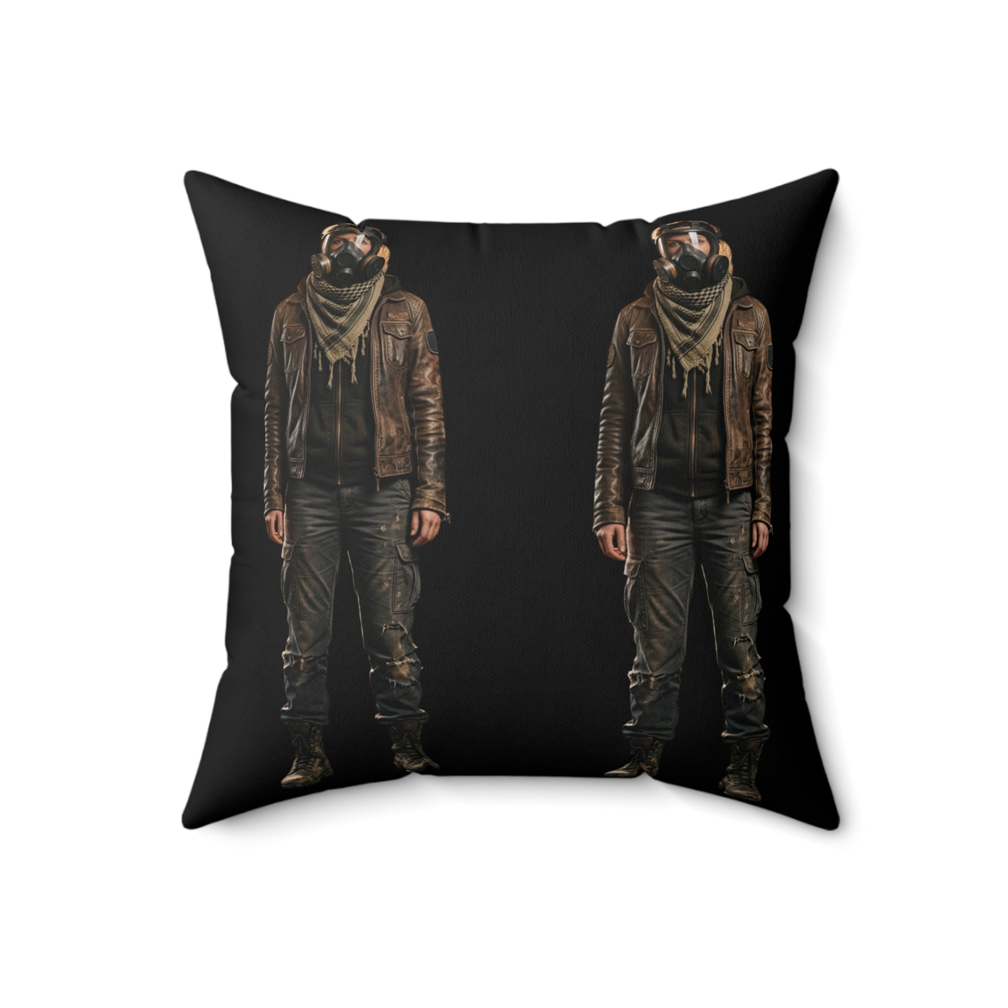 Moto Rider Graphic Pillow — Biker Man Duo on Black Spun Polyester Cushion