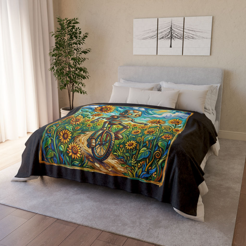 Robot Riding Unicycle Through Sunflowers - Soft Polyester Blanket