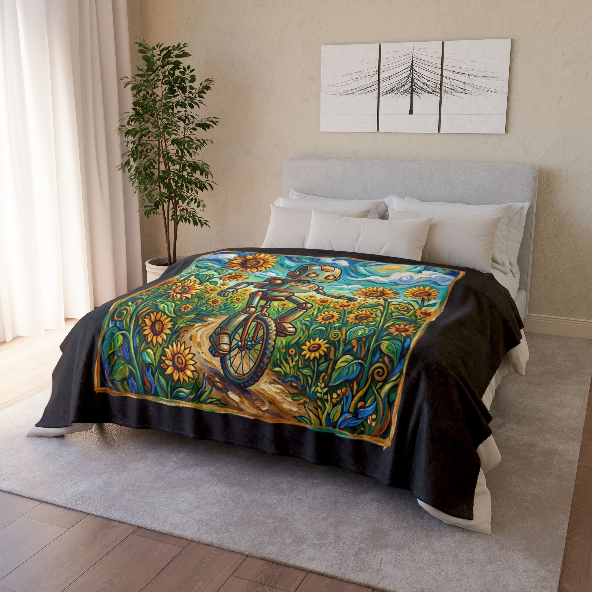 Robot Riding Unicycle Through Sunflowers - Soft Polyester Blanket