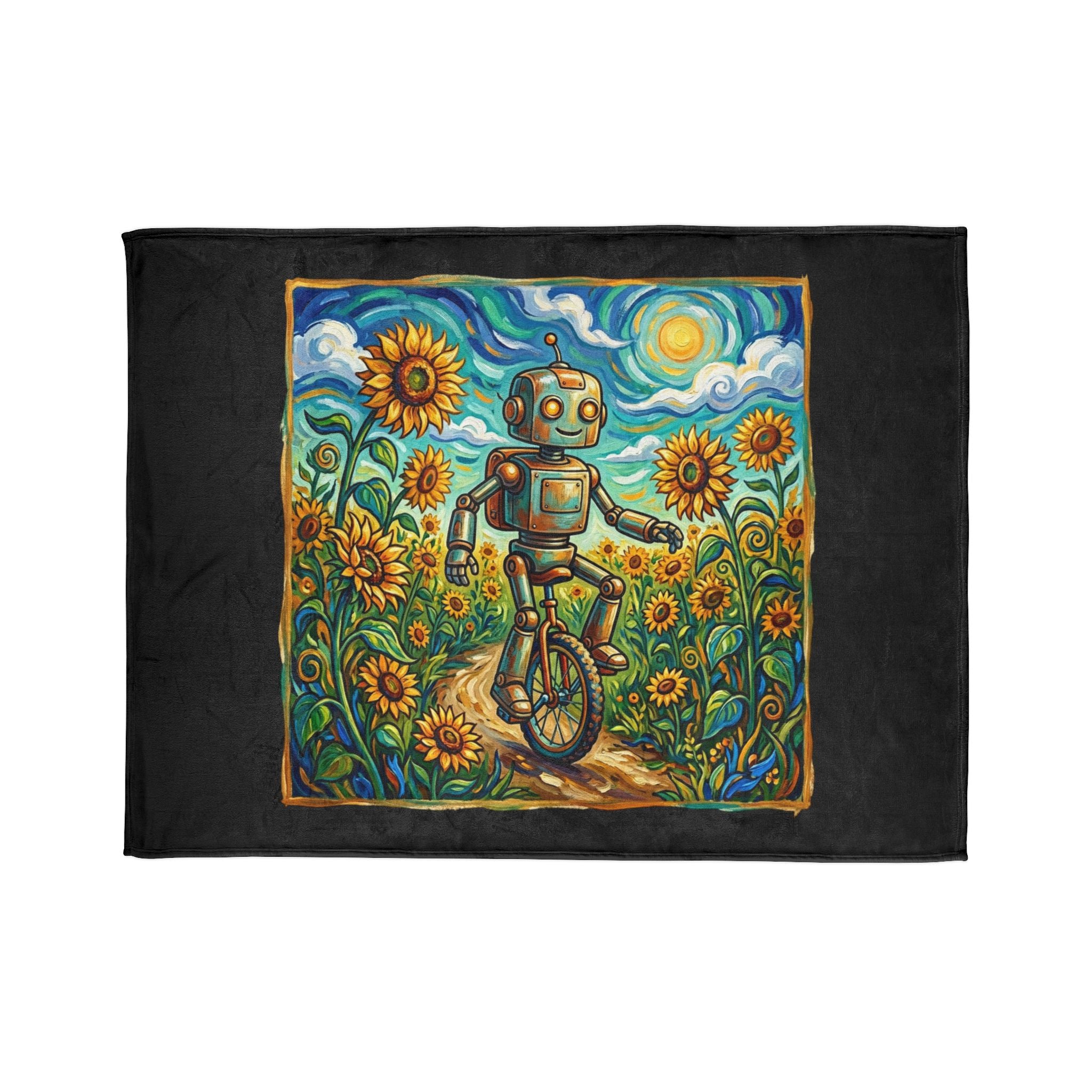 Robot Riding Unicycle Through Sunflowers - Soft Polyester Blanket