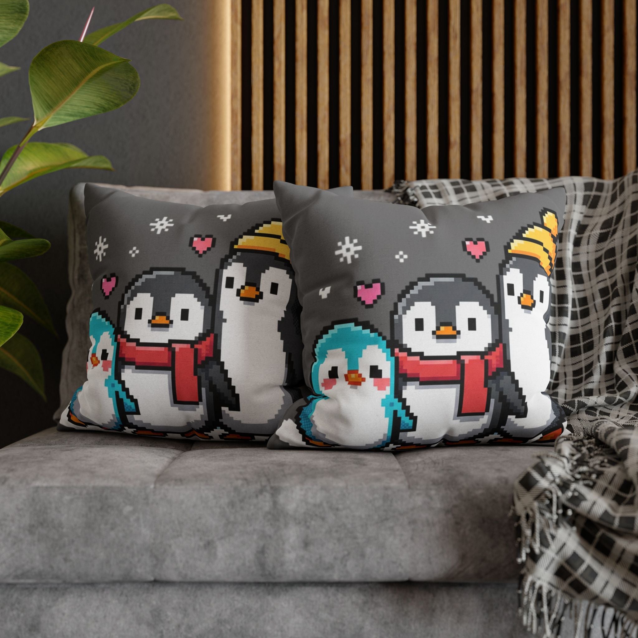 Cute Pixel Penguins Throw Pillow — Winter Holiday Penguin Family Decor