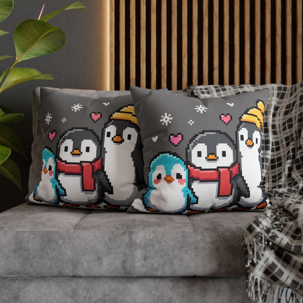 Cute Pixel Penguins Throw Pillow — Winter Holiday Penguin Family Decor