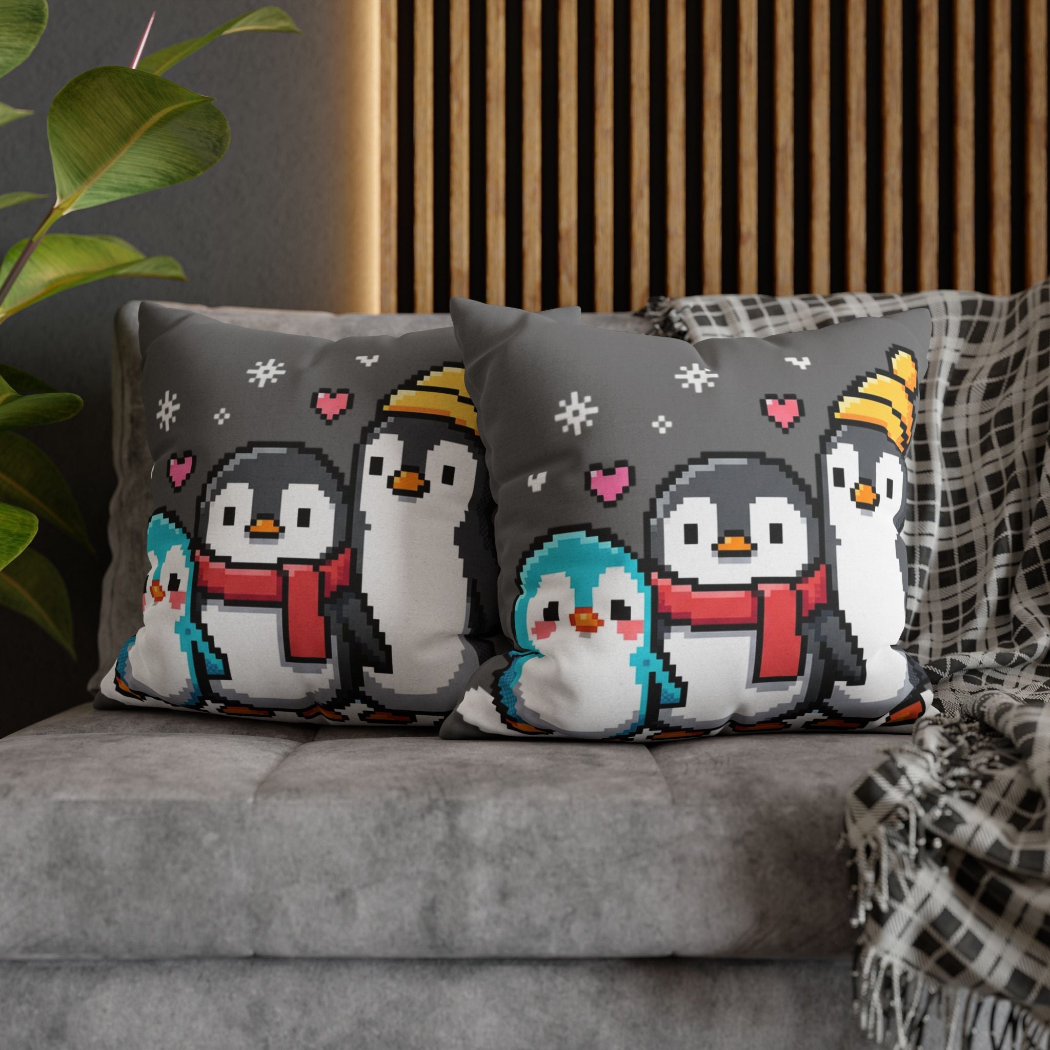 Cute Pixel Penguins Throw Pillow — Winter Holiday Penguin Family Decor