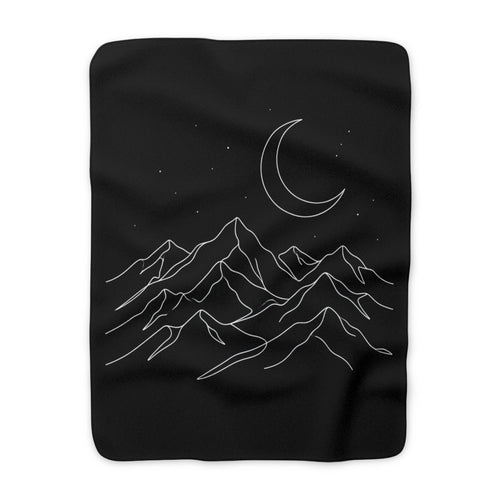 Mountain Moon Sherpa Blanket — Cozy Black Fleece with Crescent Moon & Line-Art Peaks