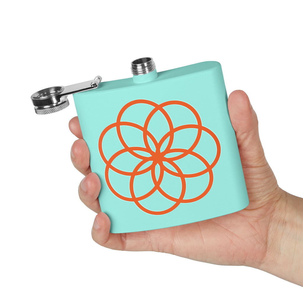 6oz Stainless Steel Flask with Orange Geometric Flower Design