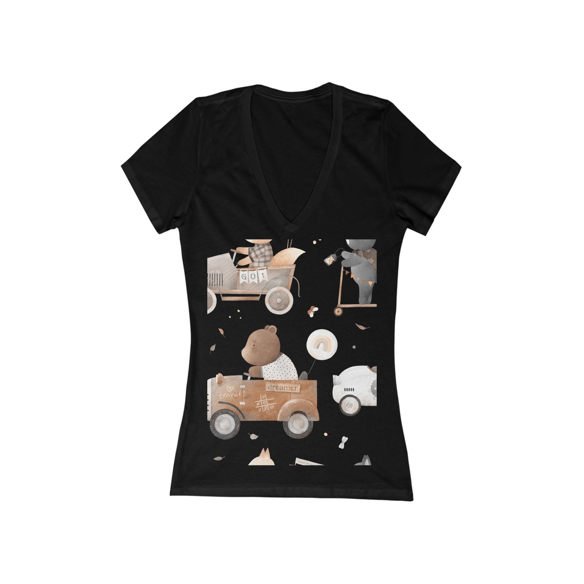 Cute Bears Driving Vintage Cars Tee — Women's Deep V-Neck Graphic T-Shirt
