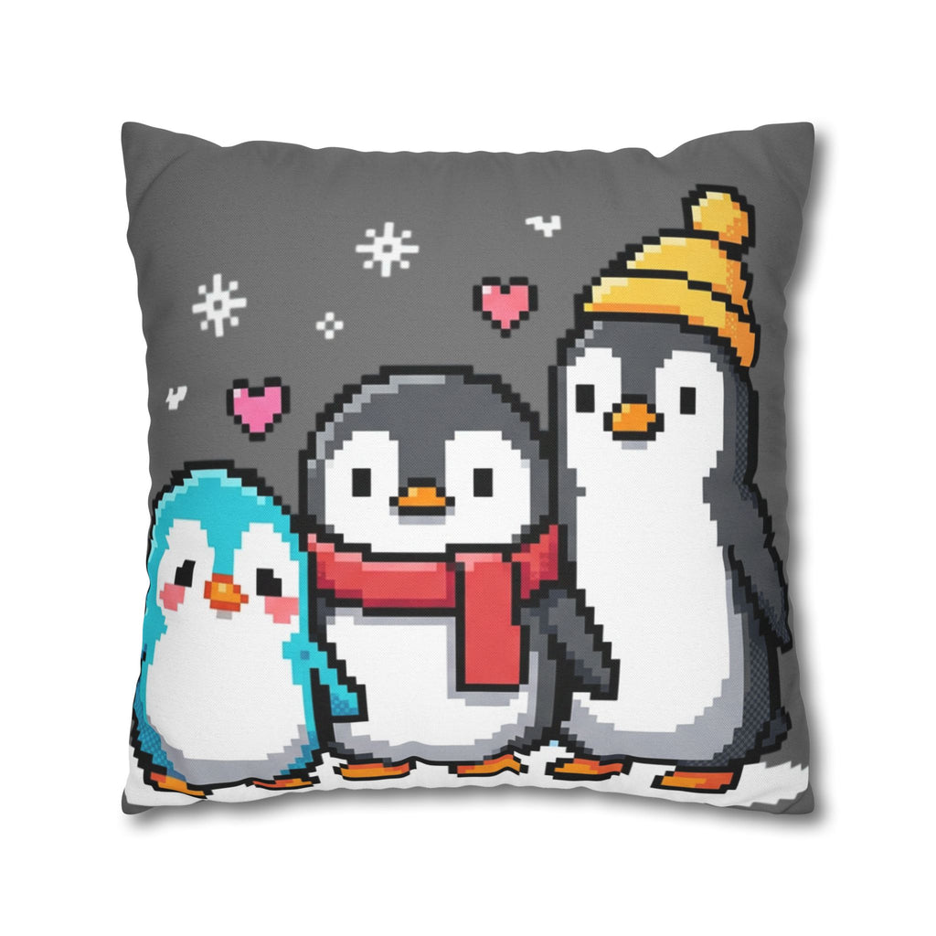 Cute Pixel Penguins Throw Pillow — Winter Holiday Penguin Family Decor