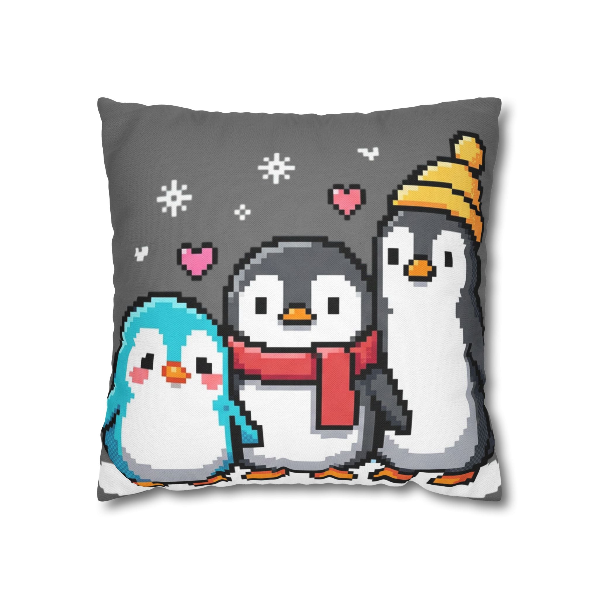 Cute Pixel Penguins Throw Pillow — Winter Holiday Penguin Family Decor