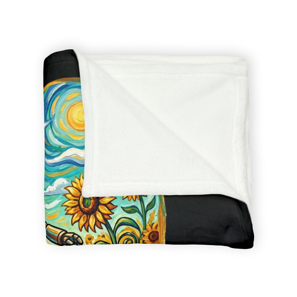 Robot Riding Unicycle Through Sunflowers - Soft Polyester Blanket