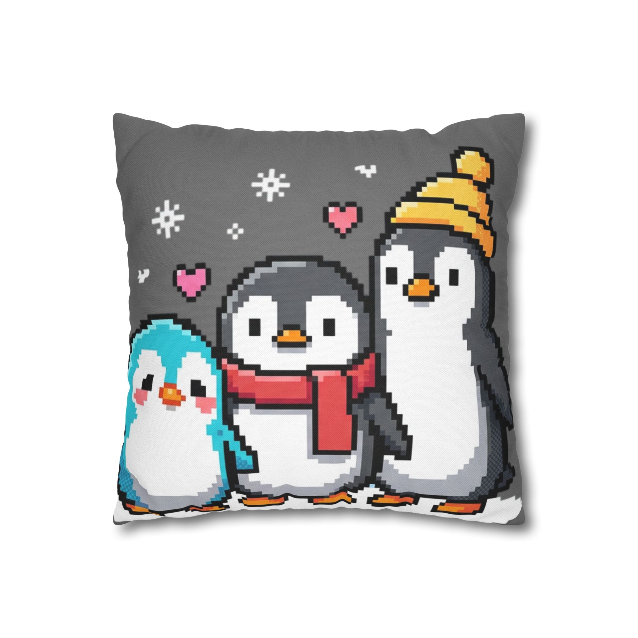 Cute Pixel Penguins Throw Pillow — Winter Holiday Penguin Family Decor