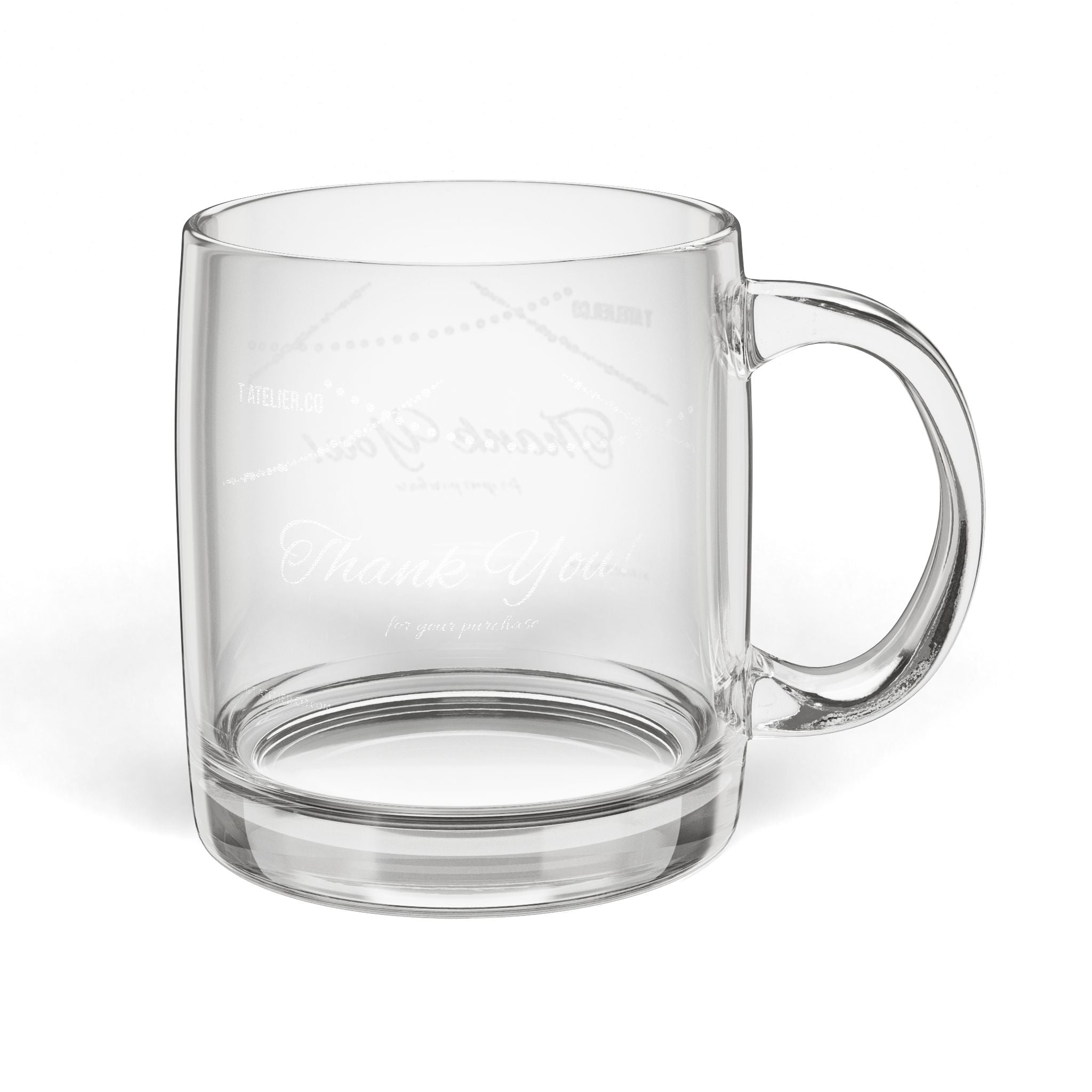 Engraved Glass Coffee Mug 12.25oz — Personalized Thank You Design, Clear Handle Tea Cup
