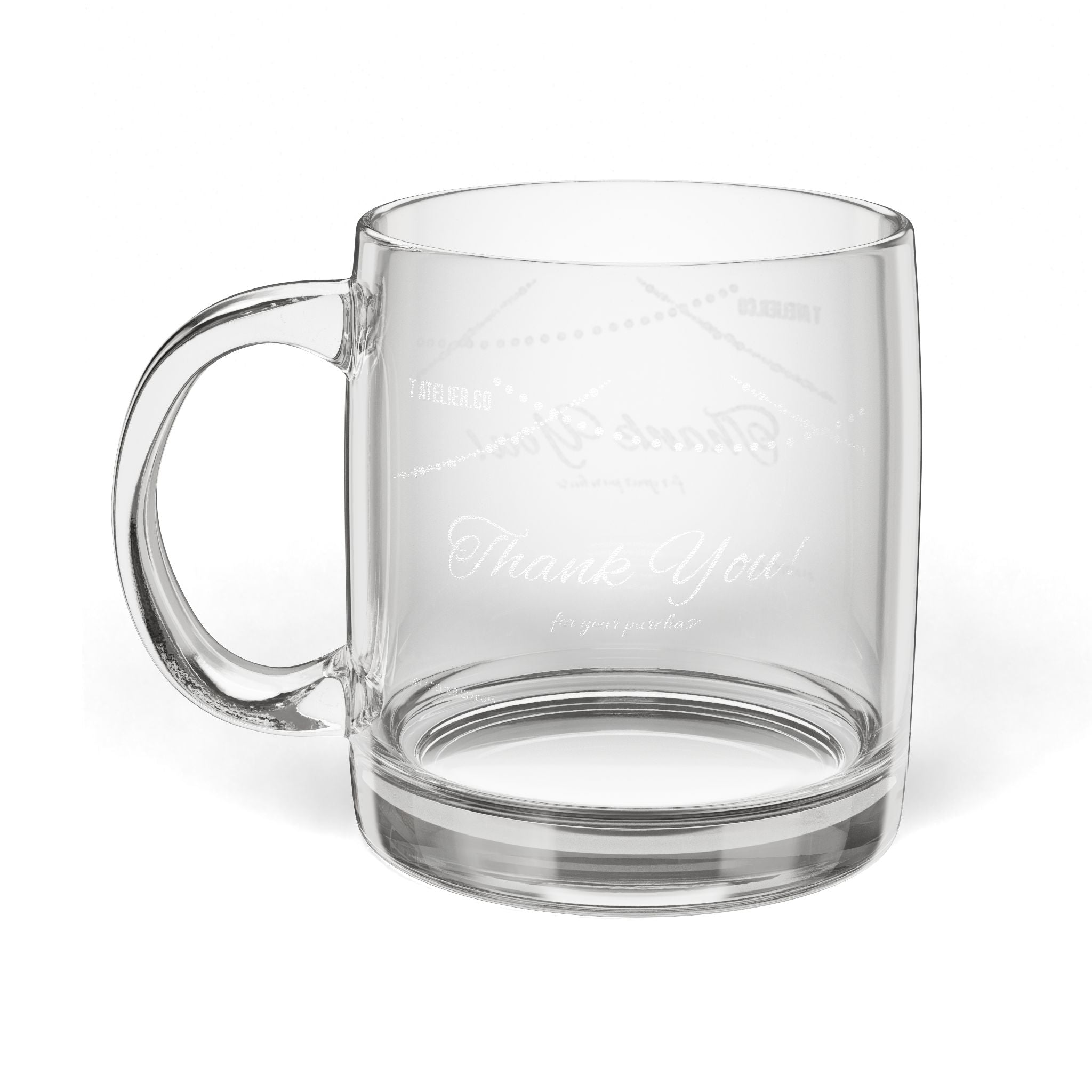 Engraved Glass Coffee Mug 12.25oz — Personalized Thank You Design, Clear Handle Tea Cup