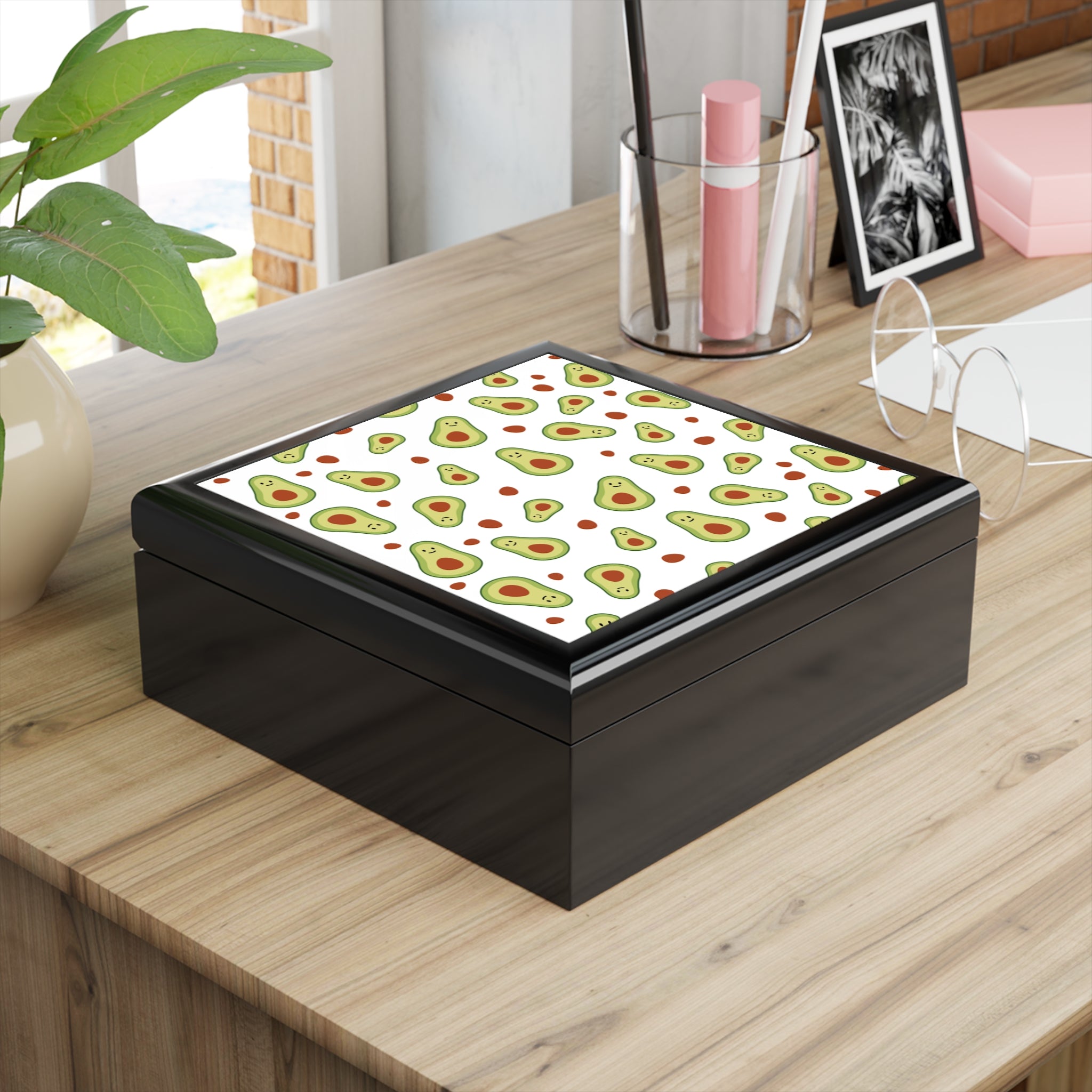 Avocado Pattern Jewelry Box — Cute Avocado Keepsake Box for Desk or Gift