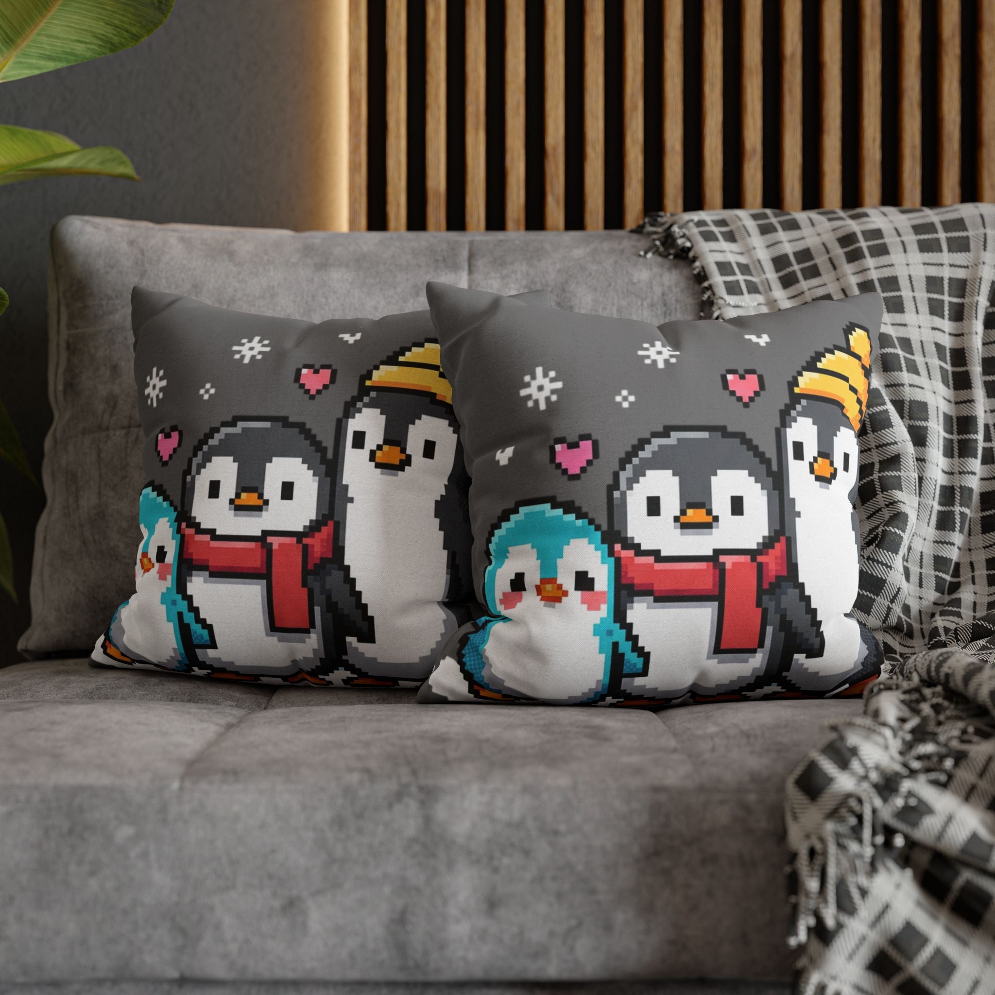 Cute Pixel Penguins Throw Pillow — Winter Holiday Penguin Family Decor
