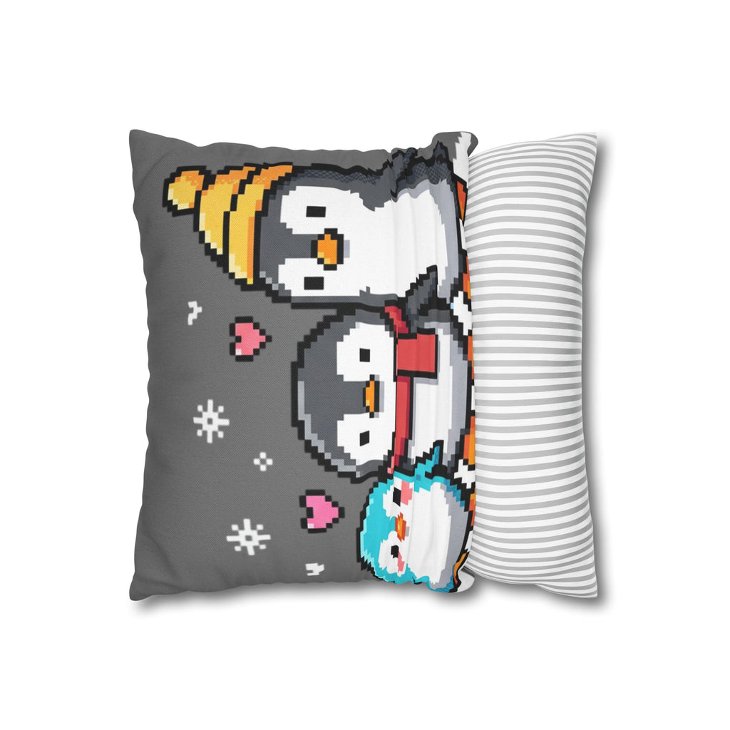 Cute Pixel Penguins Throw Pillow — Winter Holiday Penguin Family Decor