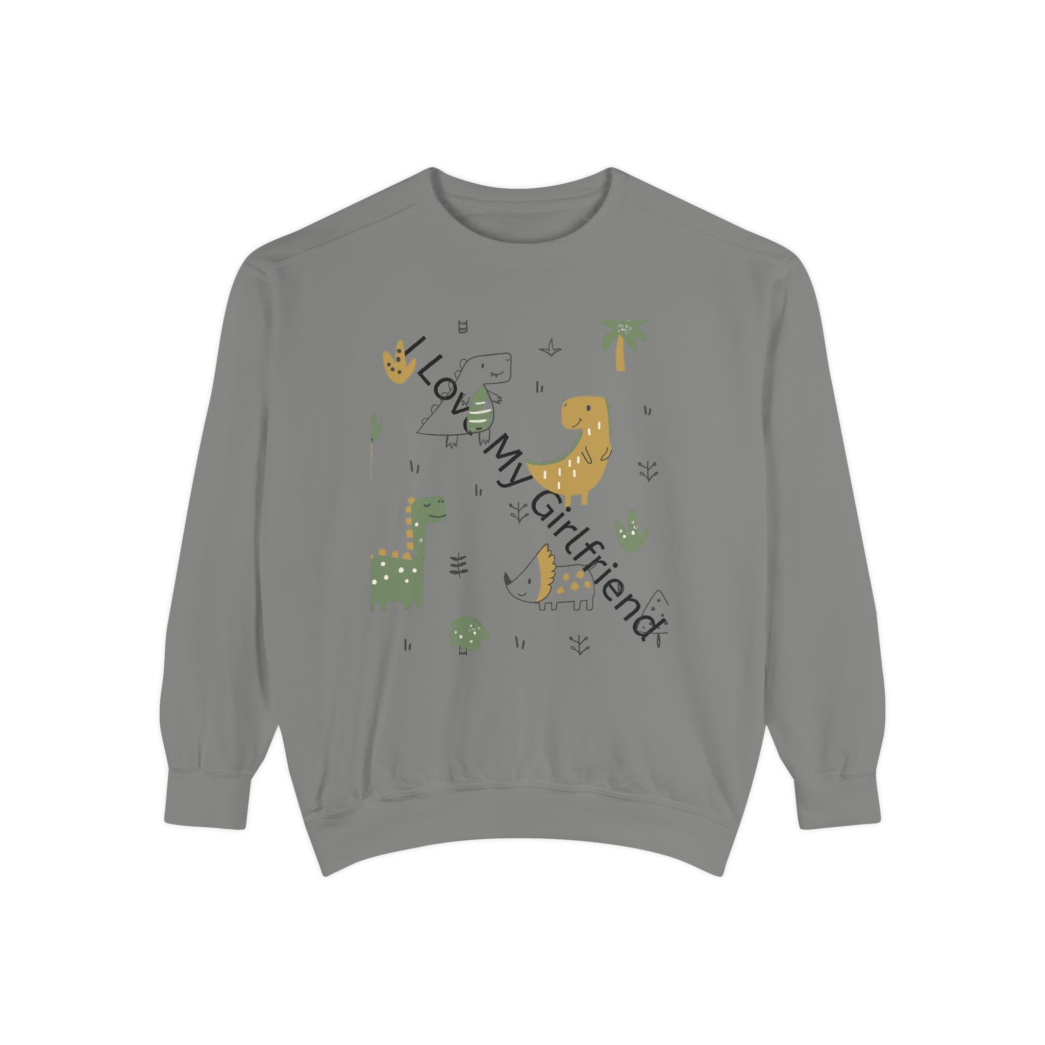 Dinosaur Couple Sweatshirt — 'My Girlfriend Is Beating Me' Cute Dino Graphic Crewneck