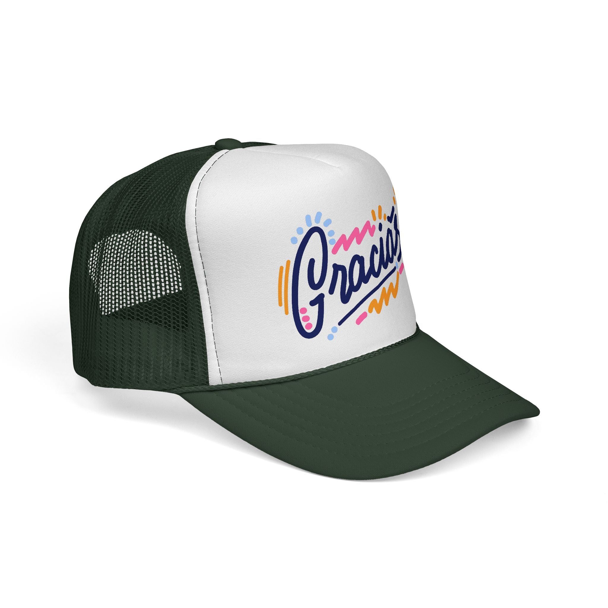 Gracias Trucker Hat — Colorful Retro Script Truckers Cap