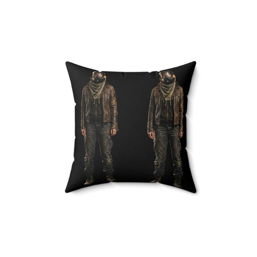 Moto Rider Graphic Pillow — Biker Man Duo on Black Spun Polyester Cushion