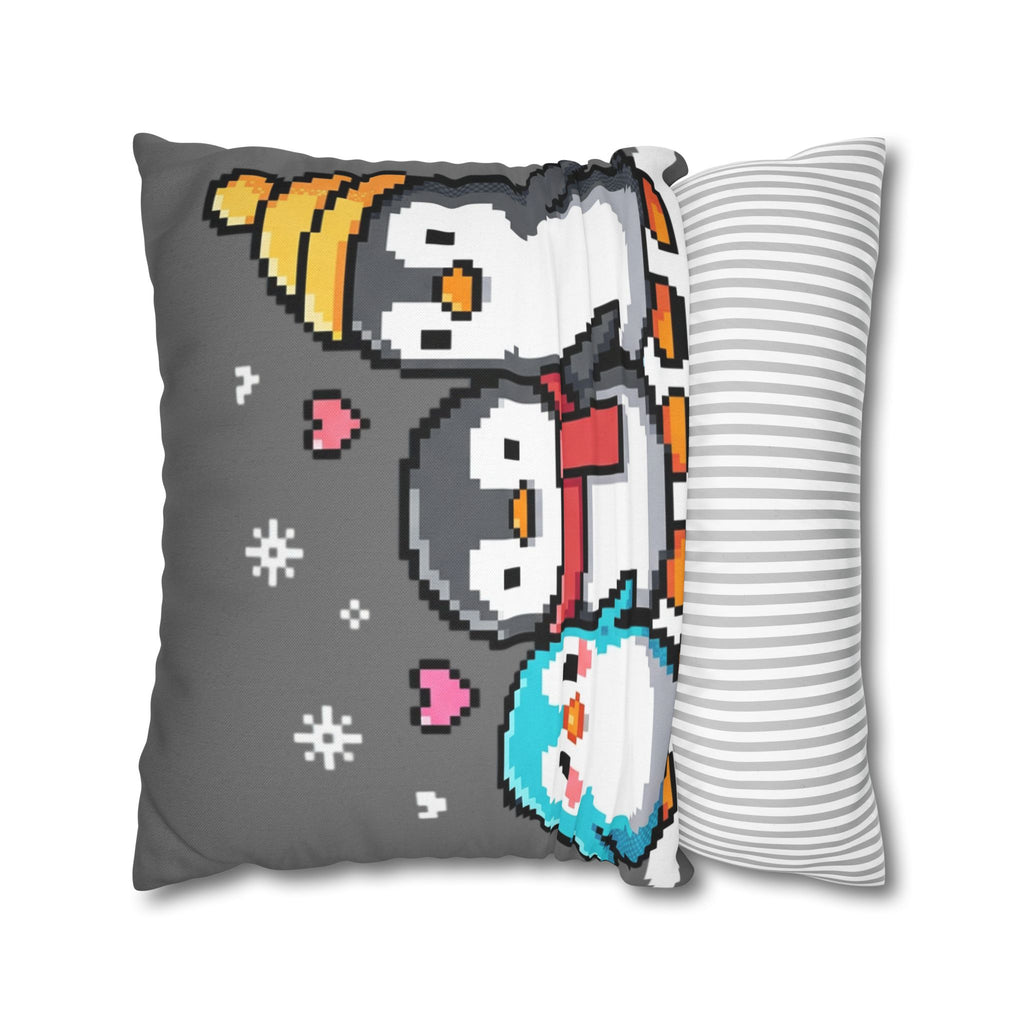 Cute Pixel Penguins Throw Pillow — Winter Holiday Penguin Family Decor