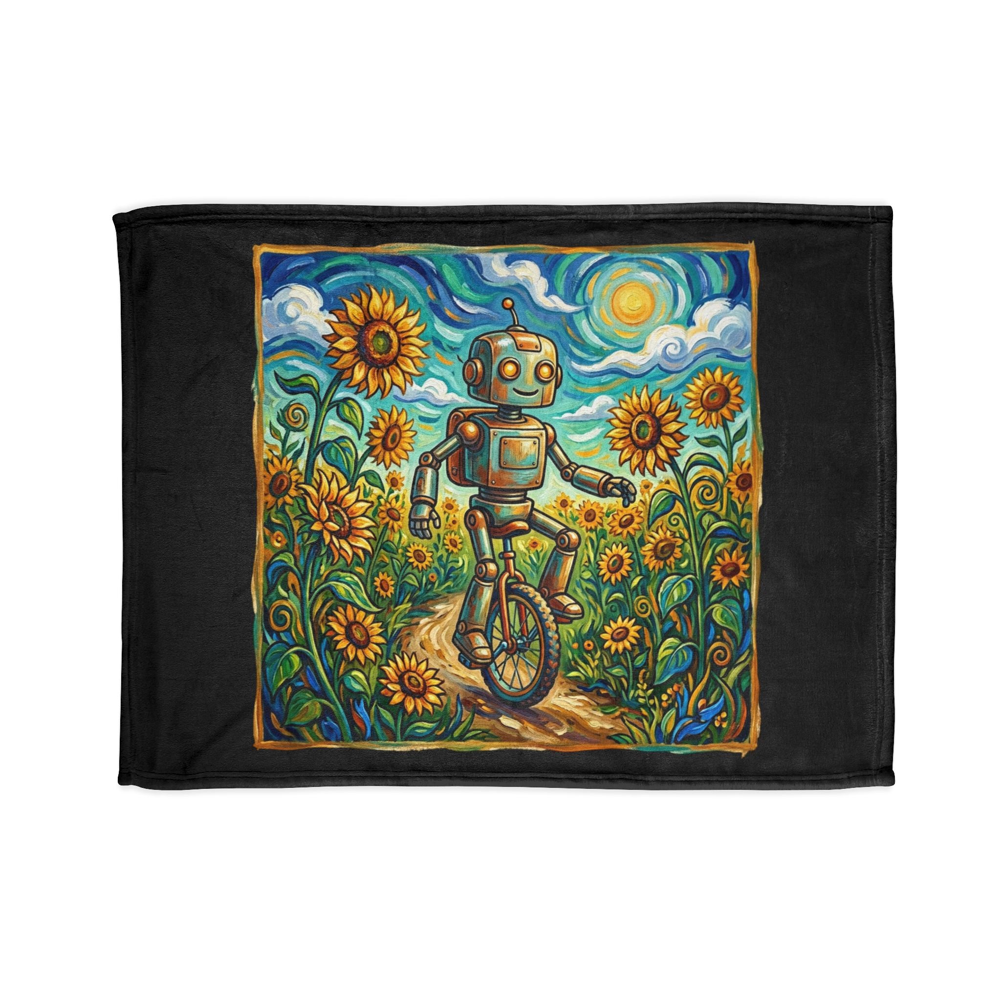 Robot Riding Unicycle Through Sunflowers - Soft Polyester Blanket