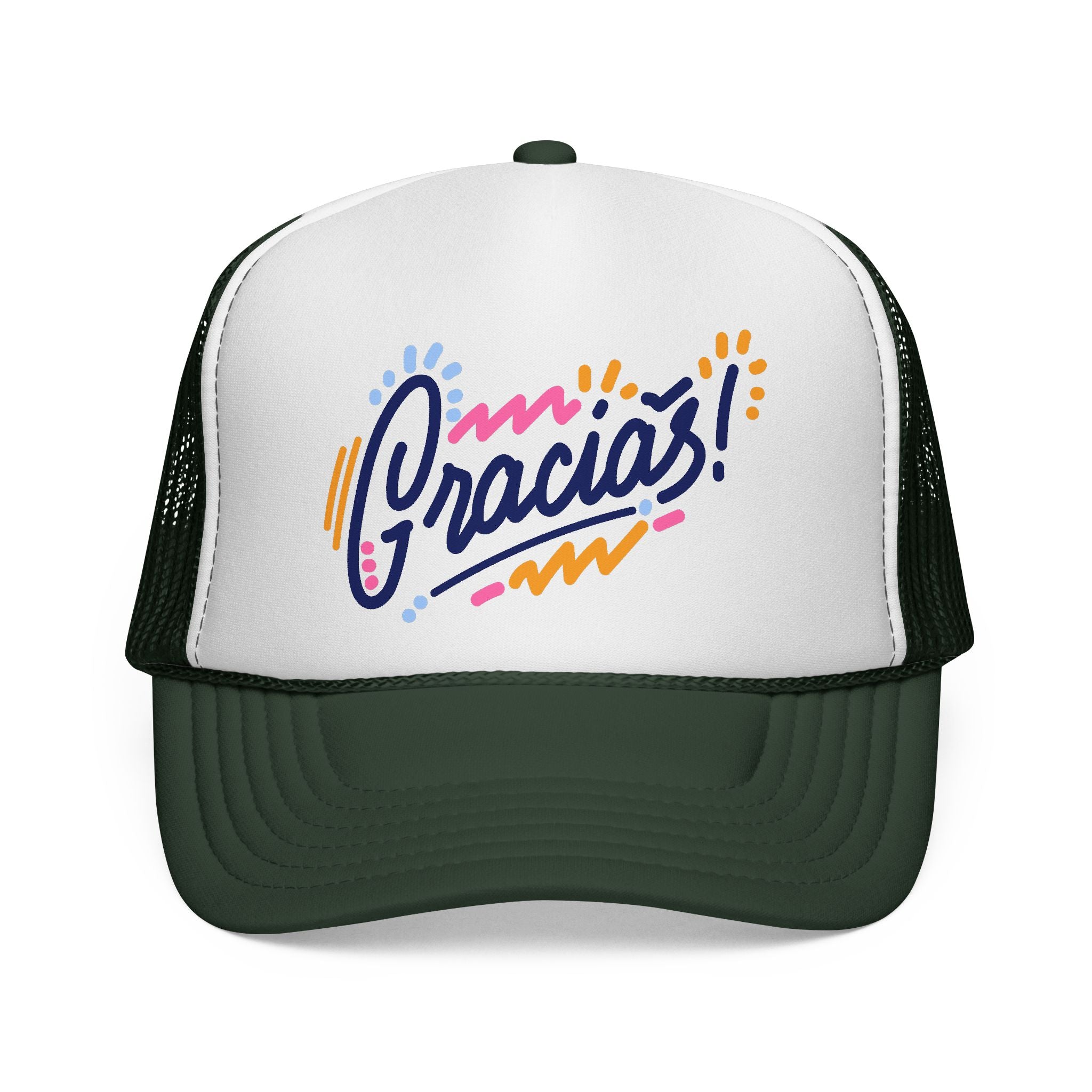 Gracias Trucker Hat — Colorful Retro Script Truckers Cap