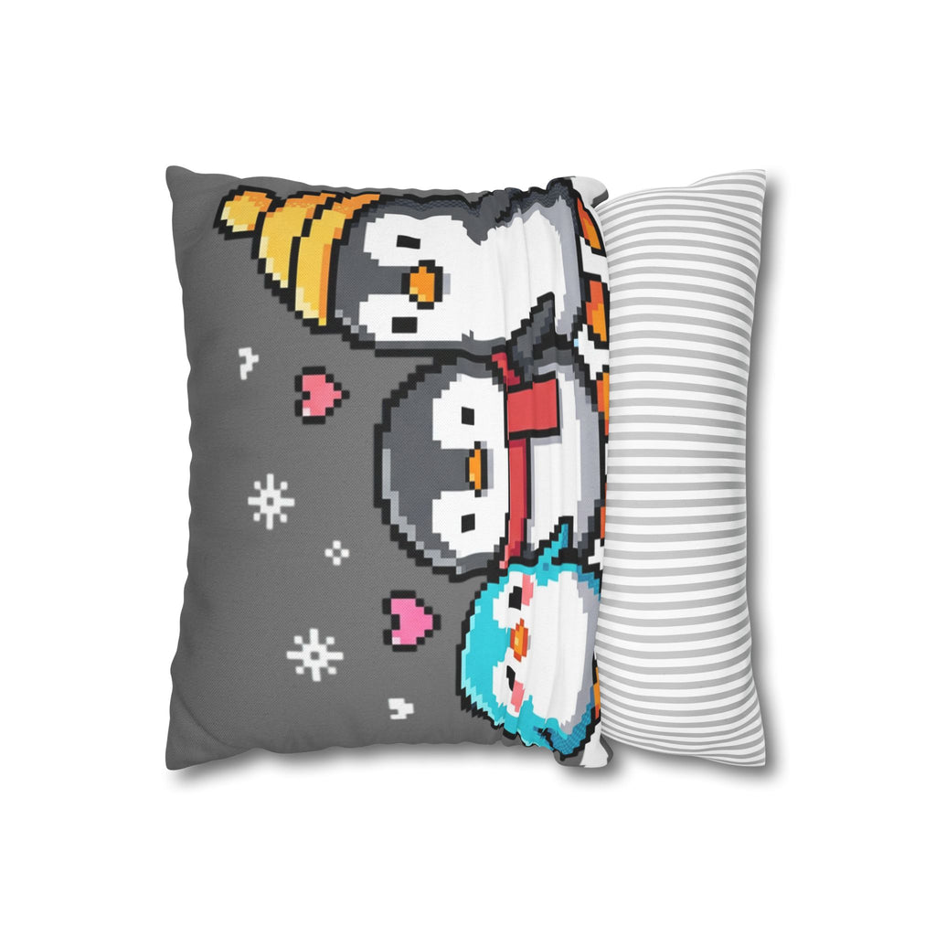 Cute Pixel Penguins Throw Pillow — Winter Holiday Penguin Family Decor