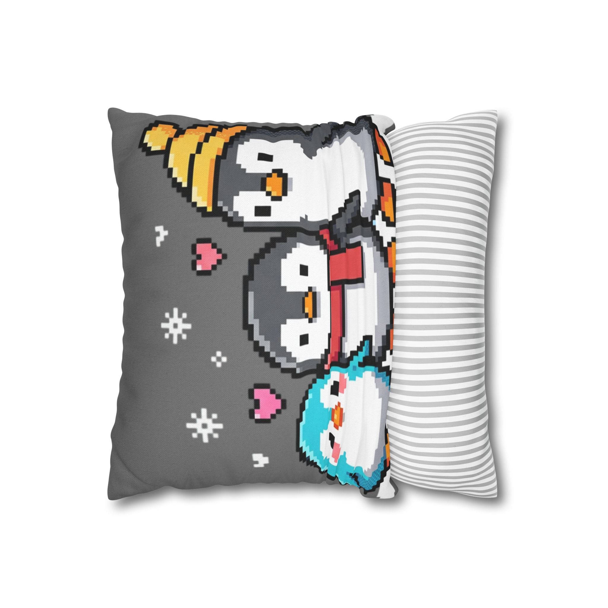 Cute Pixel Penguins Throw Pillow — Winter Holiday Penguin Family Decor