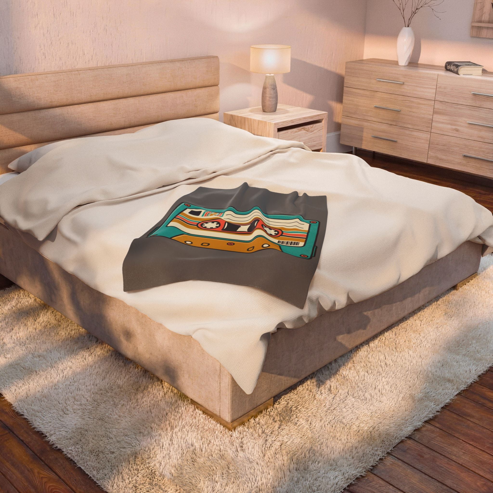 Retro Cassette Velveteen Plush Blanket — Vintage Tape Throw for Music Lovers