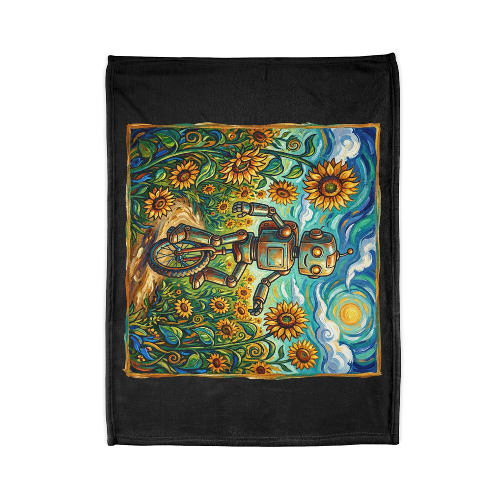 Robot Riding Unicycle Through Sunflowers - Soft Polyester Blanket
