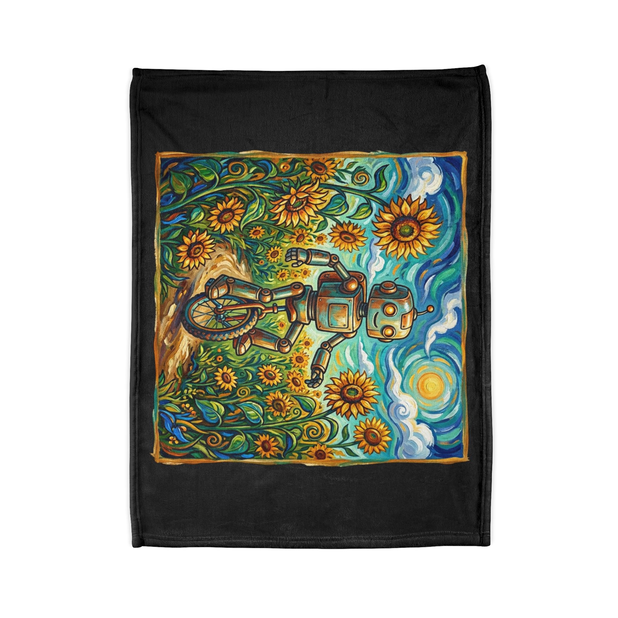 Robot Riding Unicycle Through Sunflowers - Soft Polyester Blanket