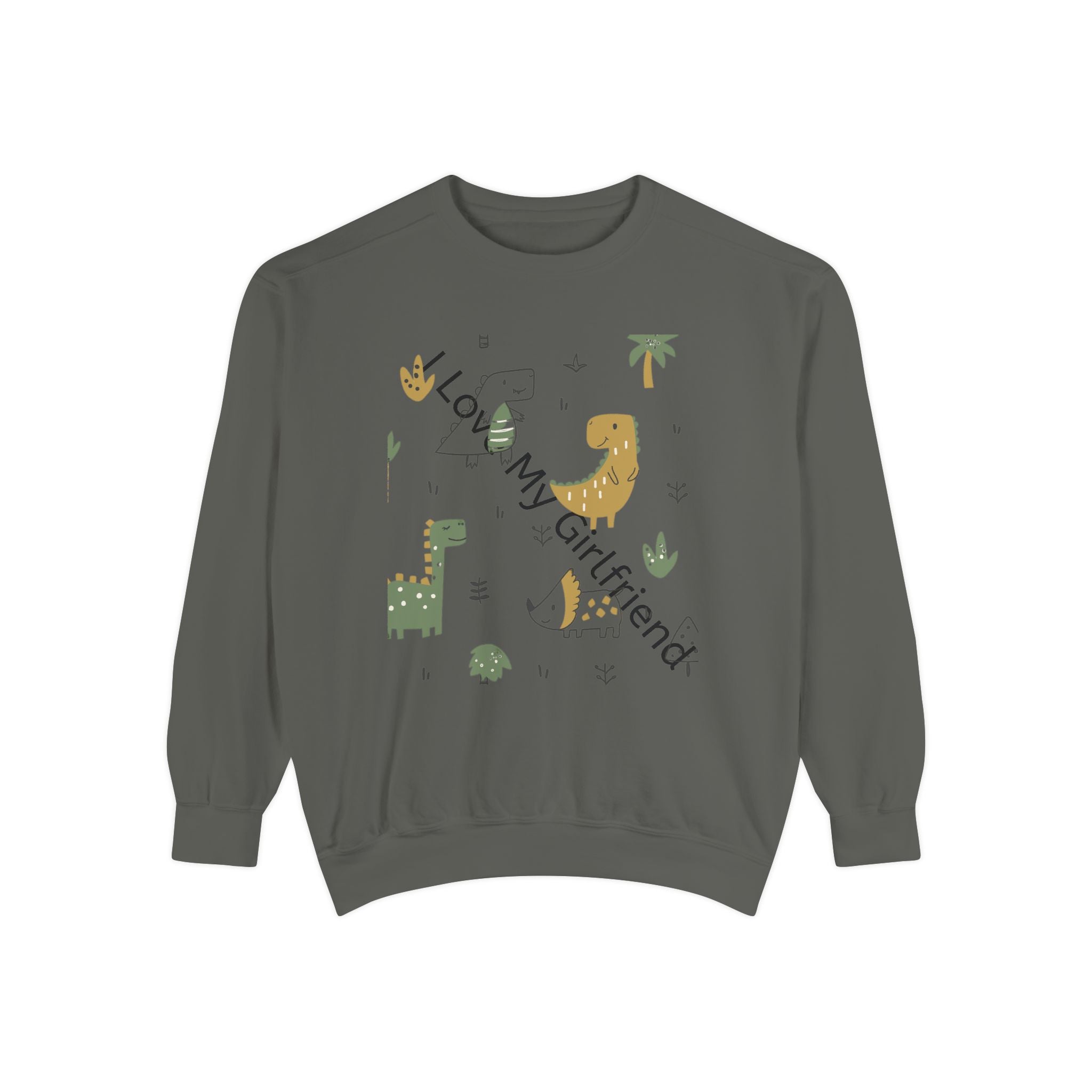 Dinosaur Couple Sweatshirt — 'My Girlfriend Is Beating Me' Cute Dino Graphic Crewneck
