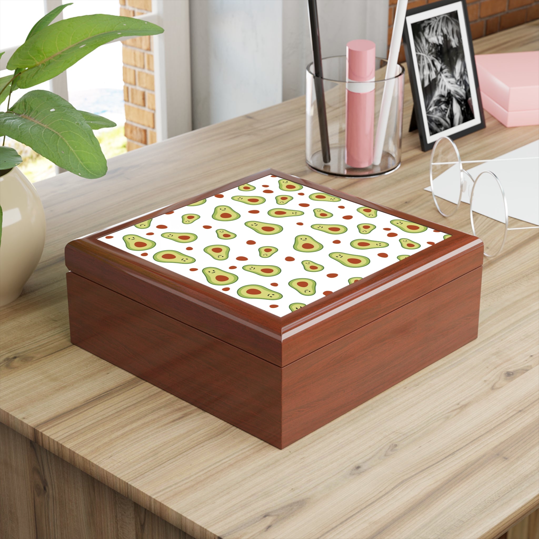 Avocado Pattern Jewelry Box — Cute Avocado Keepsake Box for Desk or Gift