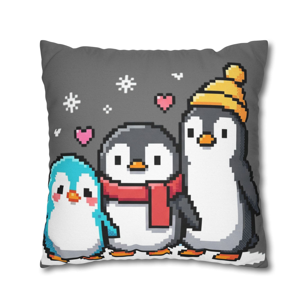 Cute Pixel Penguins Throw Pillow — Winter Holiday Penguin Family Decor
