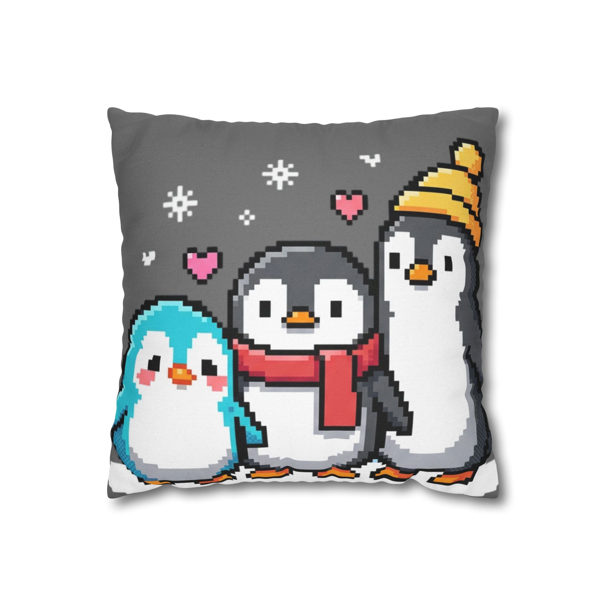 Cute Pixel Penguins Throw Pillow — Winter Holiday Penguin Family Decor