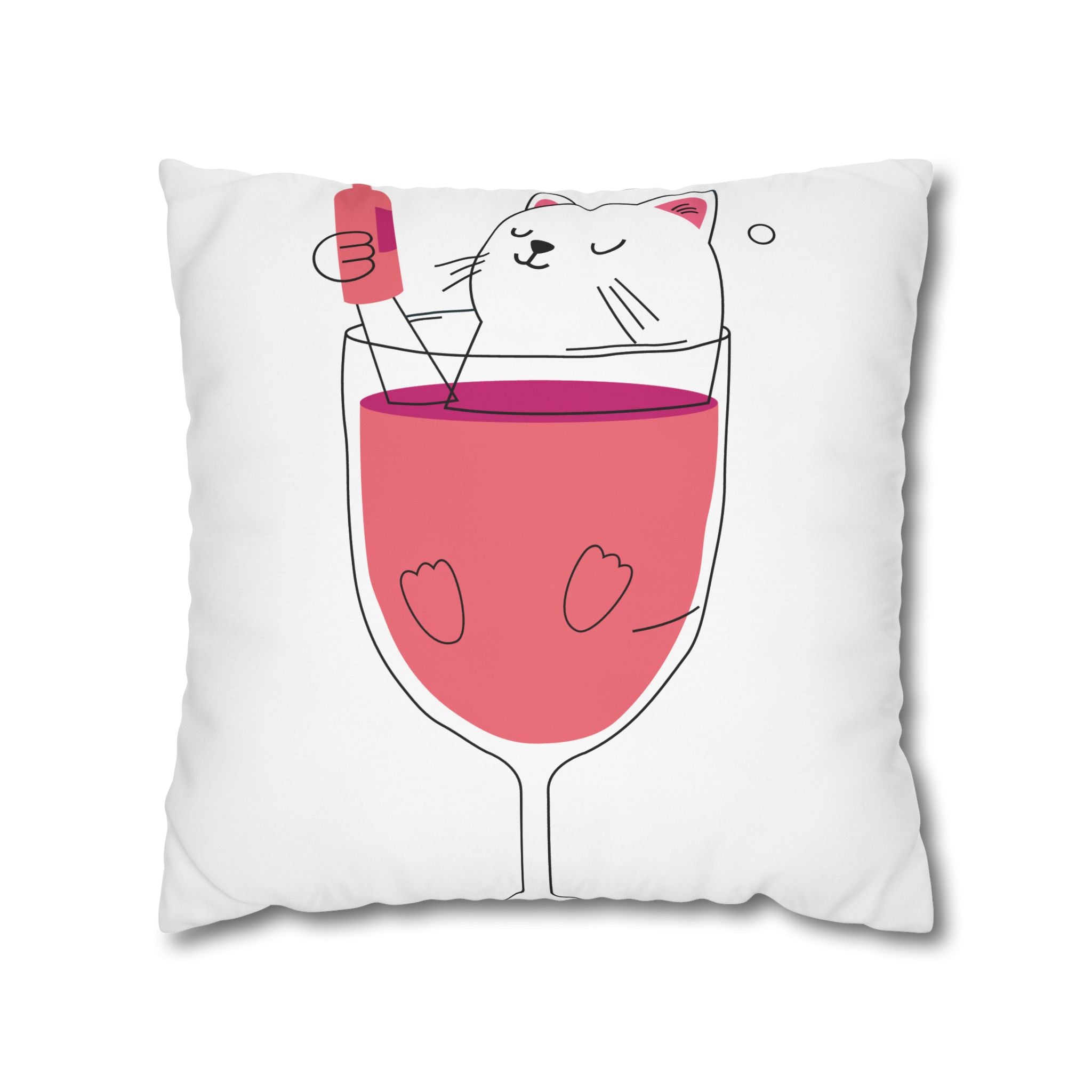 Cat in Wine Glass Square Pillowcase — Cute Kawaii Cat Wine Pillow Cover