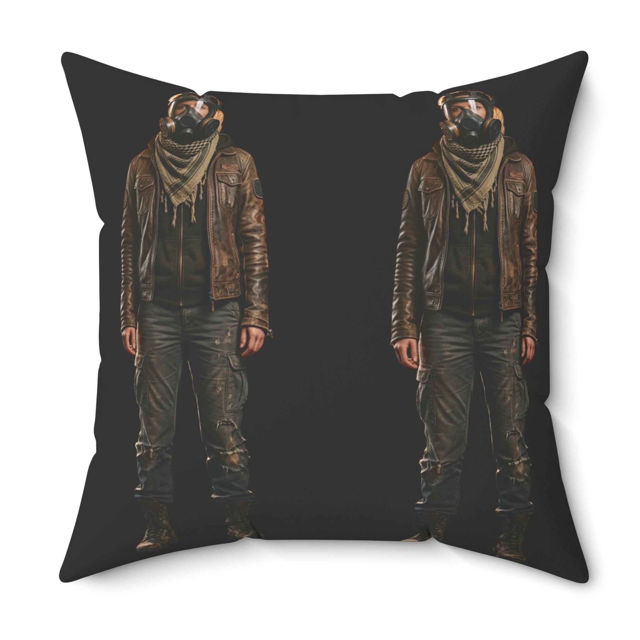 Moto Rider Graphic Pillow — Biker Man Duo on Black Spun Polyester Cushion